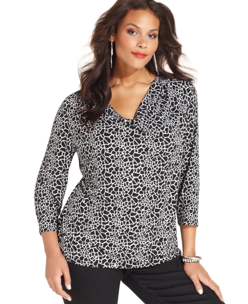 Alfani Plus Size Top, Three Quarter Sleeve Printed Ruched   Plus Size