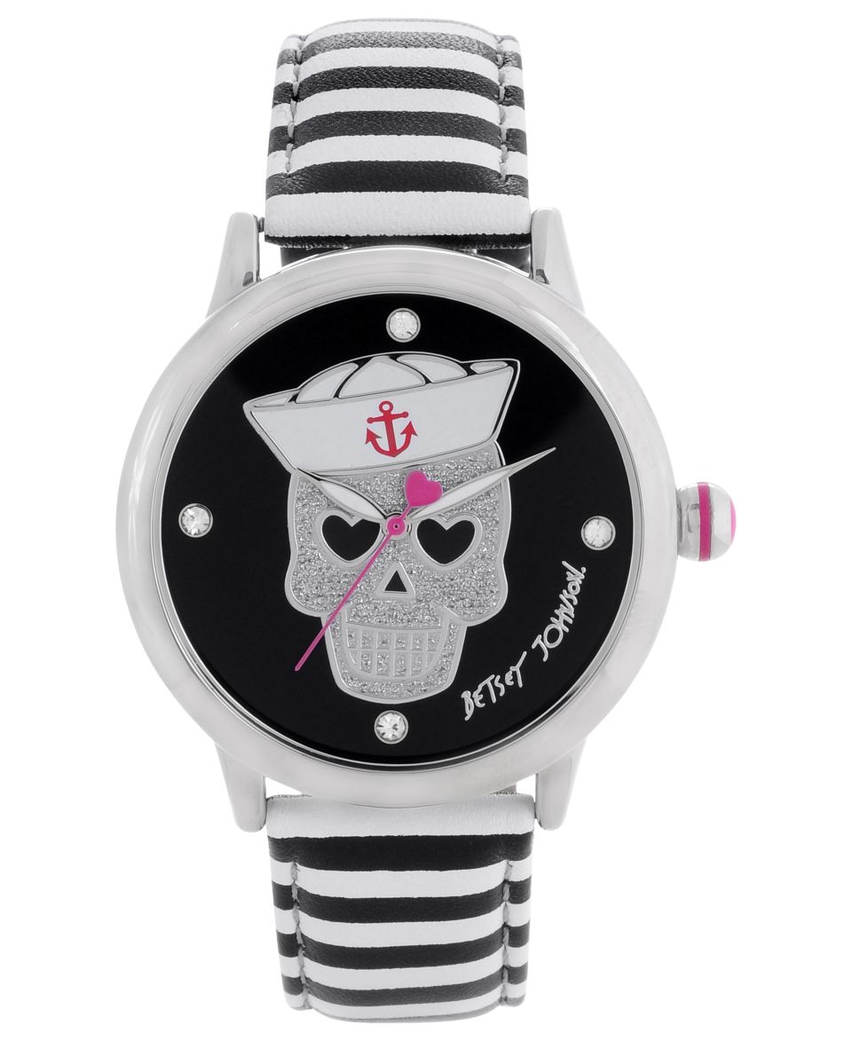 Betsey Johnson Watch, Womens White Polka Dot Black Leather Strap 39mm