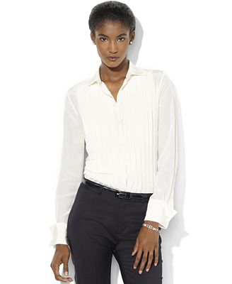 Lauren Ralph Lauren Top, Long-Sleeve Silk Tuxedo Shirt - Tops - Women ...