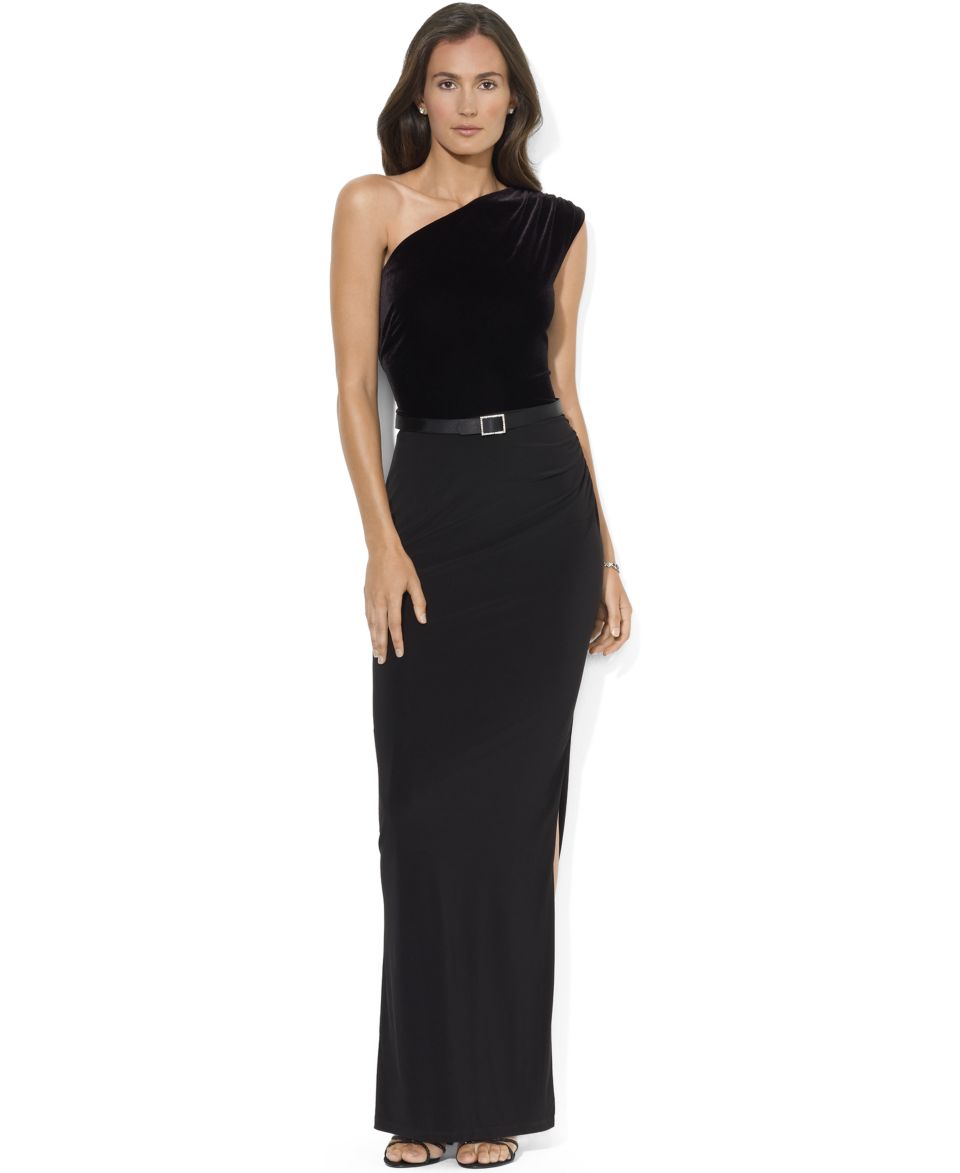 Lauren Ralph Lauren Dress, One Shoulder Velvet Belted Gown