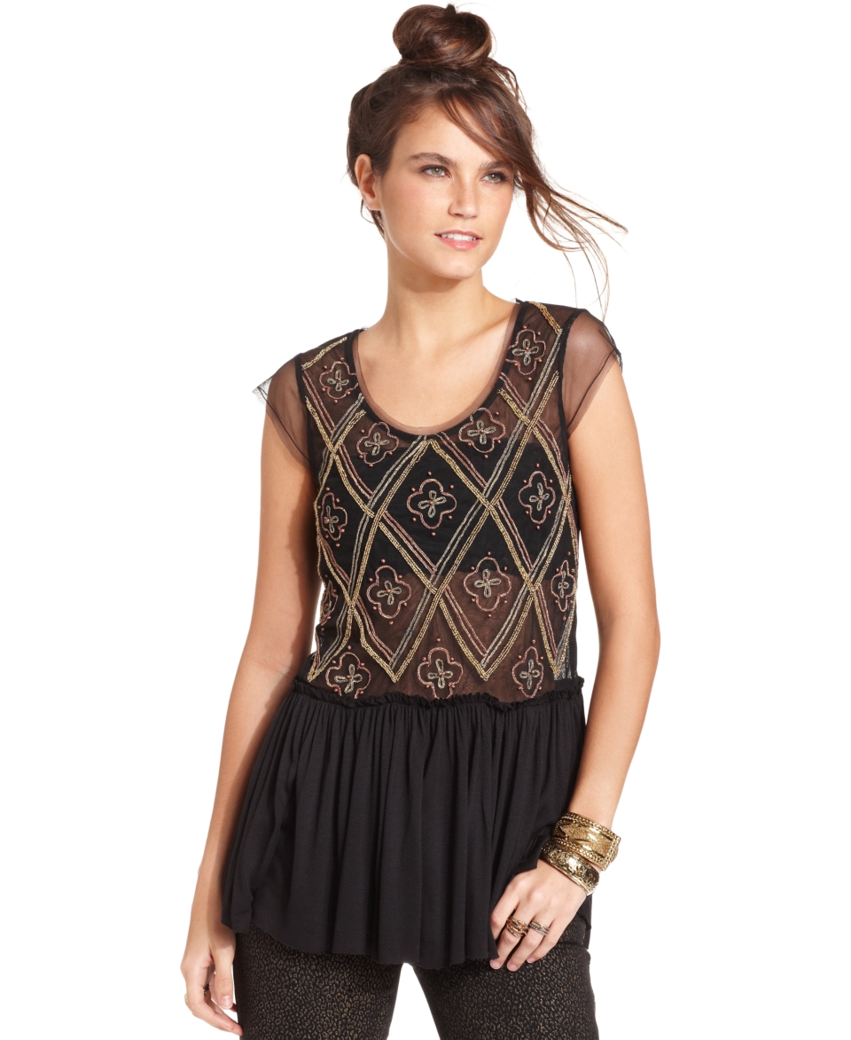 Free People Top, Short Sleeve Scoop Neck Beaded Chiffon Ruffle