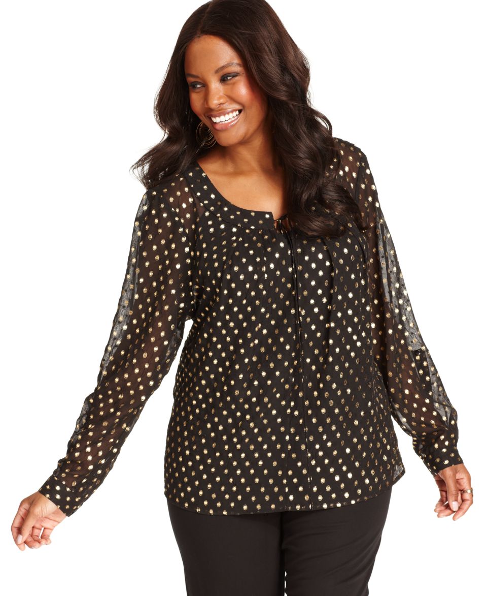 NY Collection Plus Size Top, Long Sleeve Metallic Polka Dot