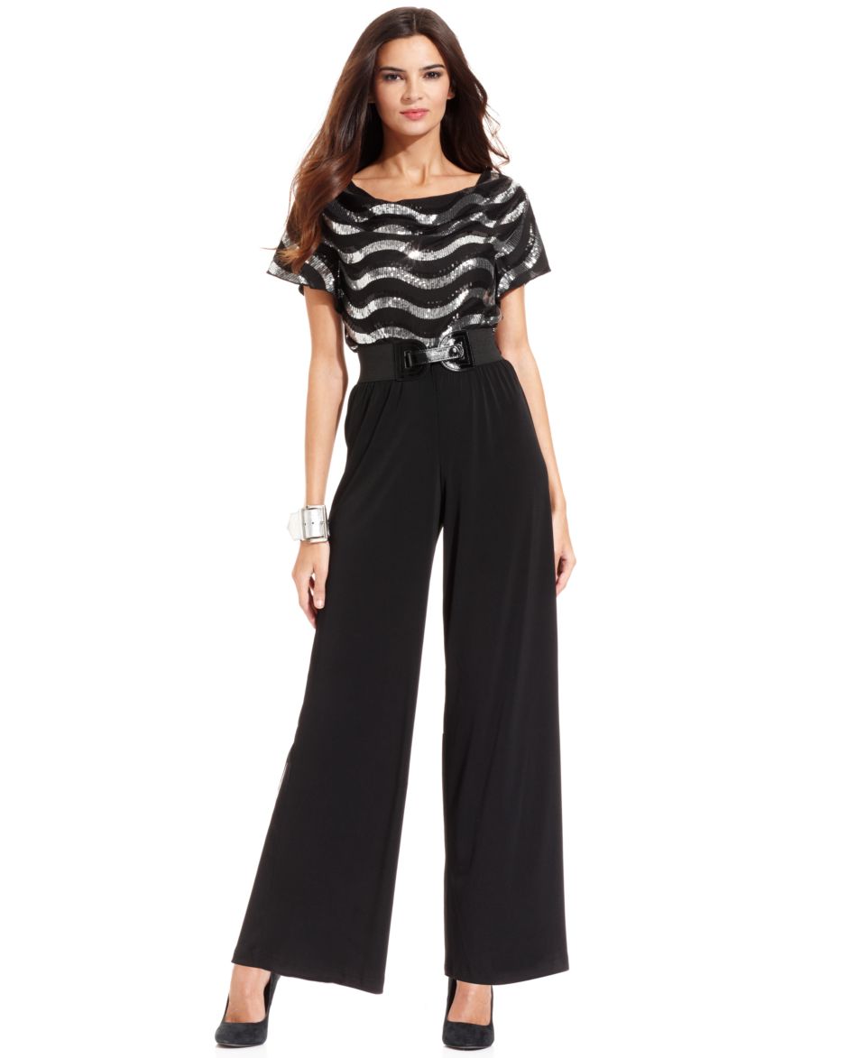 AGB Petite Jumpsuit, Short Sleeve Sequin Wide Leg