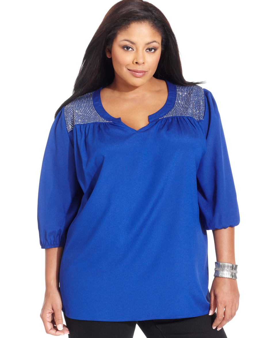 Cha Cha Vente Plus Size Top, Three Quarter Sleeve Embellished   Plus