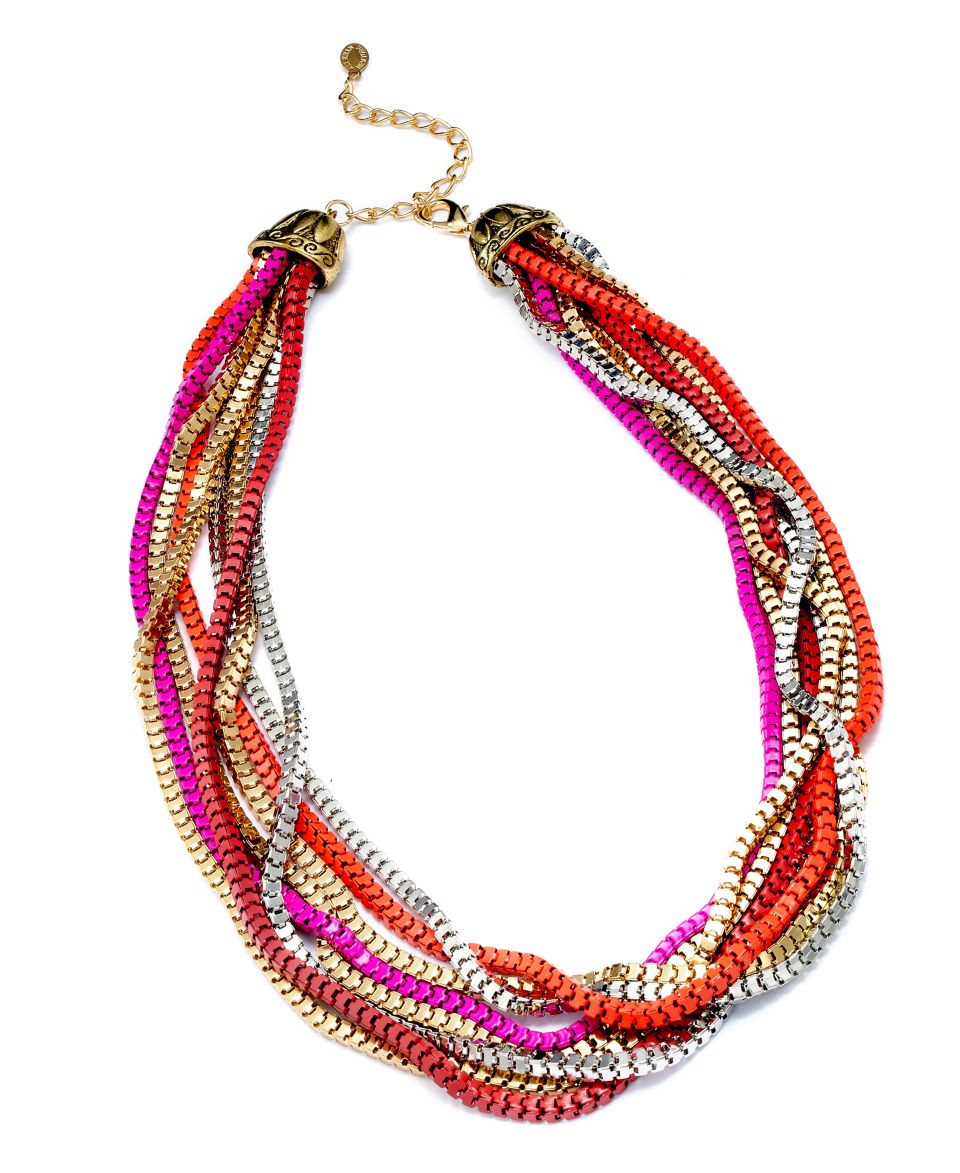 Ali Khan Necklace, Gold Tone Pink and Orange Box Chain Multi Strand