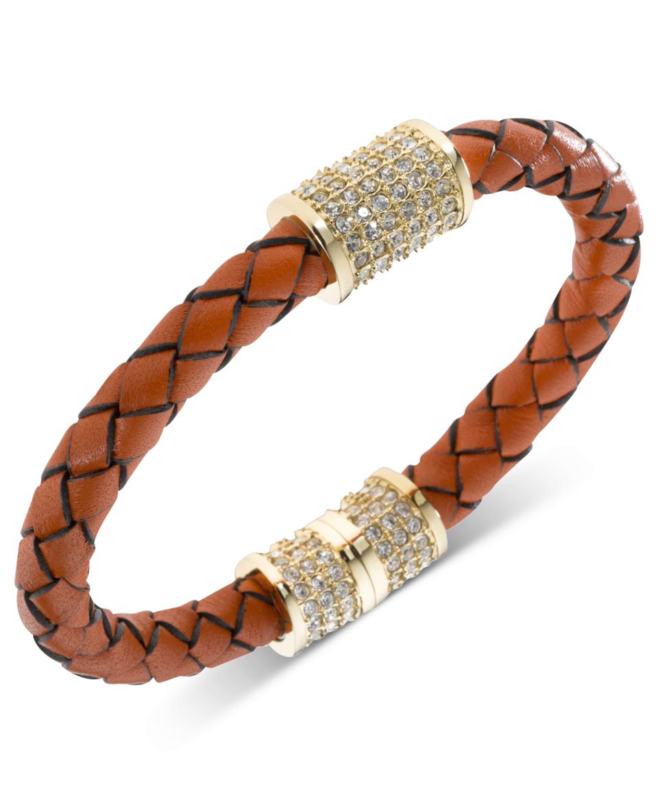 Michael Kors Gold Tone Orange Braided Leather Crystal Pave Barrel Bracelet   Fashion Jewelry   Jewelry & Watches