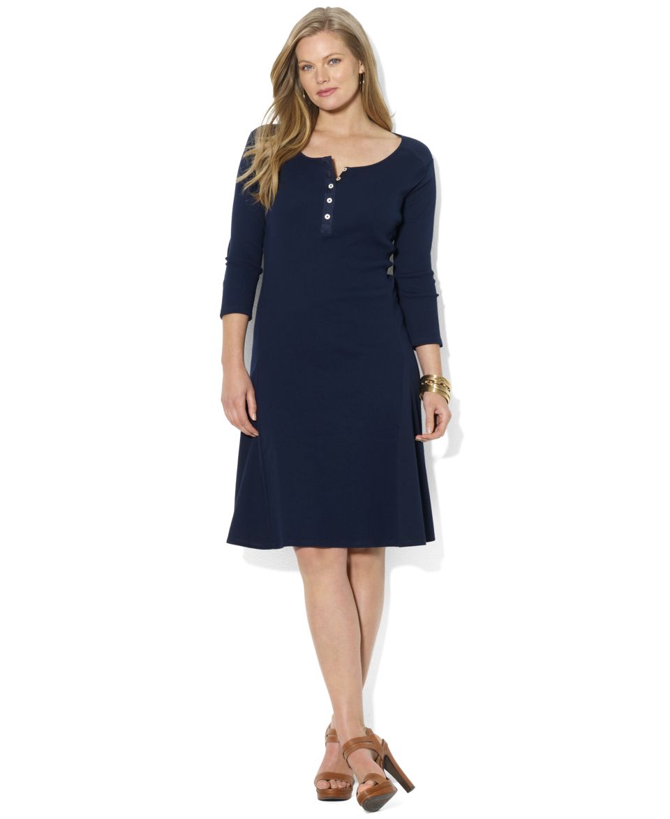 Lauren Ralph Lauren Plus Size Dress, Three Quarter Sleeve Ribbed Henley   Dresses   Plus Sizes
