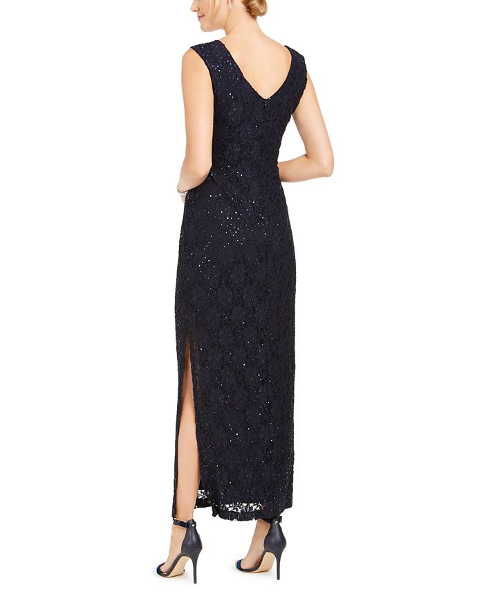 sequined lace gown with sheer inserts