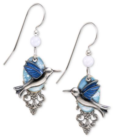 Silver Forest Earrings, Silver-Tone Blue Hummingbird Filigree Drop ...