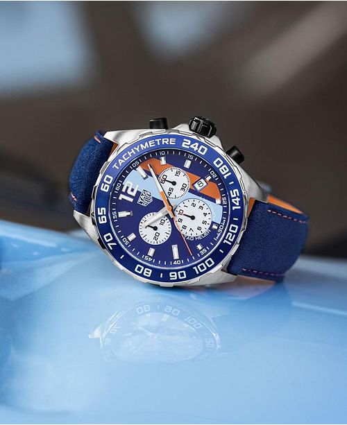 Tag Heuer Men S Swiss Chronograph Formula 1 Gulf Edition Blue Leather Strap Watch 43mm Reviews Watches Jewelry Watches Macy S