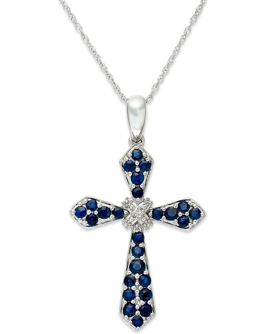 14k White Gold Necklace, Sapphire and Diamond Accent Cross Pendant (9/10 ct. t.w.)   Necklaces   Jewelry & Watches