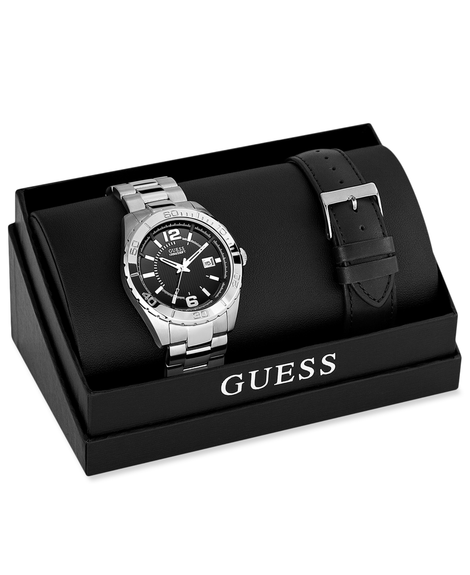 GUESS Watch Set, Mens Interchangeable Stainless Steel Bracelet and Black Croco Grain Leather Strap 44mm U0275G1   Watches   Jewelry & Watches
