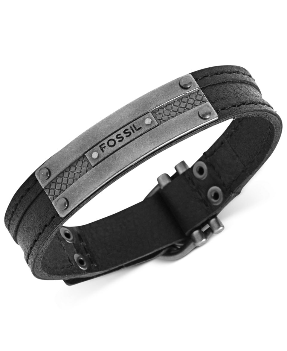 Fossil Mens Bracelet, Silver Tone and Black Logo ID Plaque Bracelet   Fashion Jewelry   Jewelry & Watches