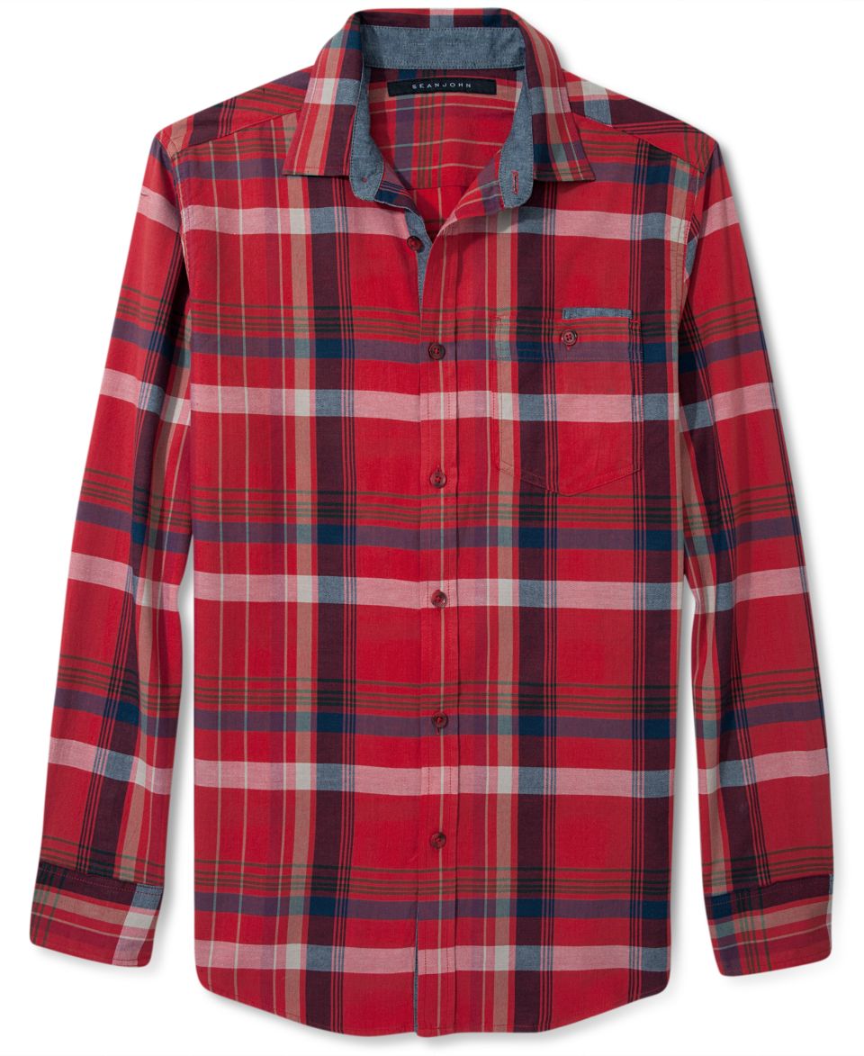 Sean John Big & Tall Shirt, Plaid Corduroy Trim Flannel   Casual Button Down Shirts   Men
