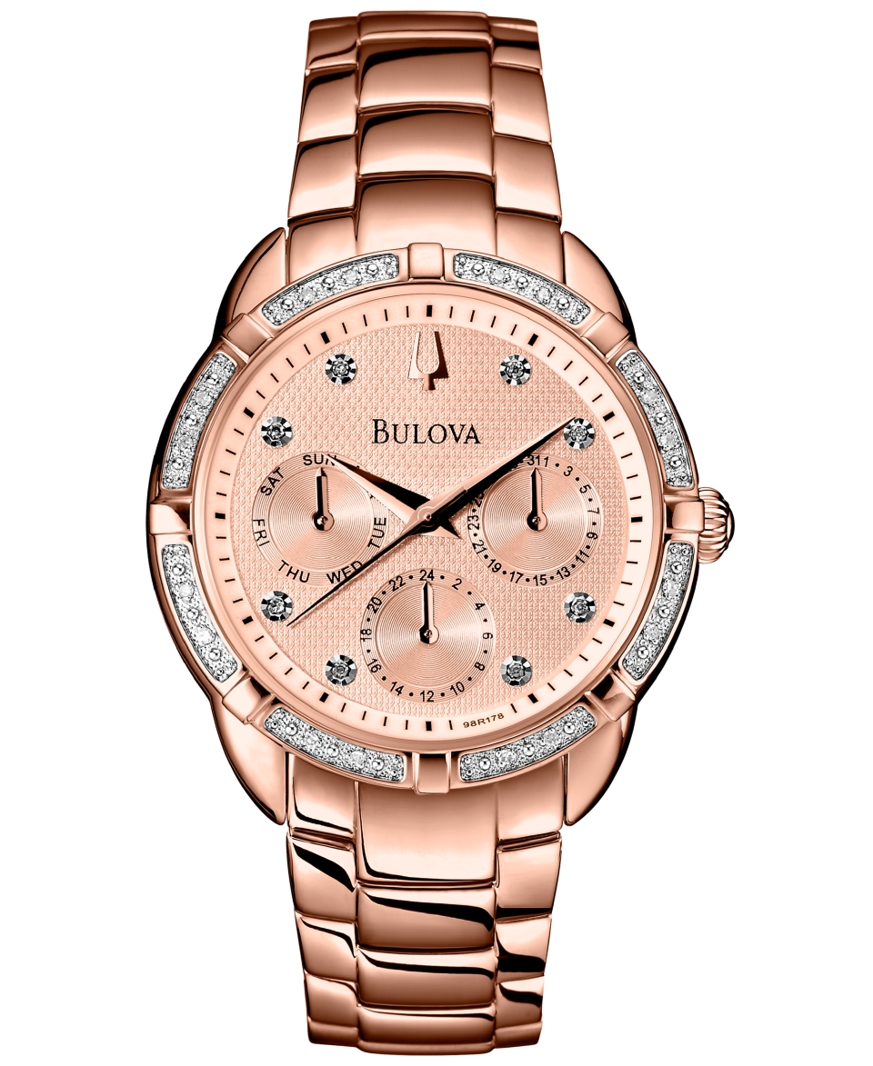 Bulova Womens Diamond Accent Rose Gold Tone Stainless Steel Bracelet Watch 36mm 98R178   Watches   Jewelry & Watches