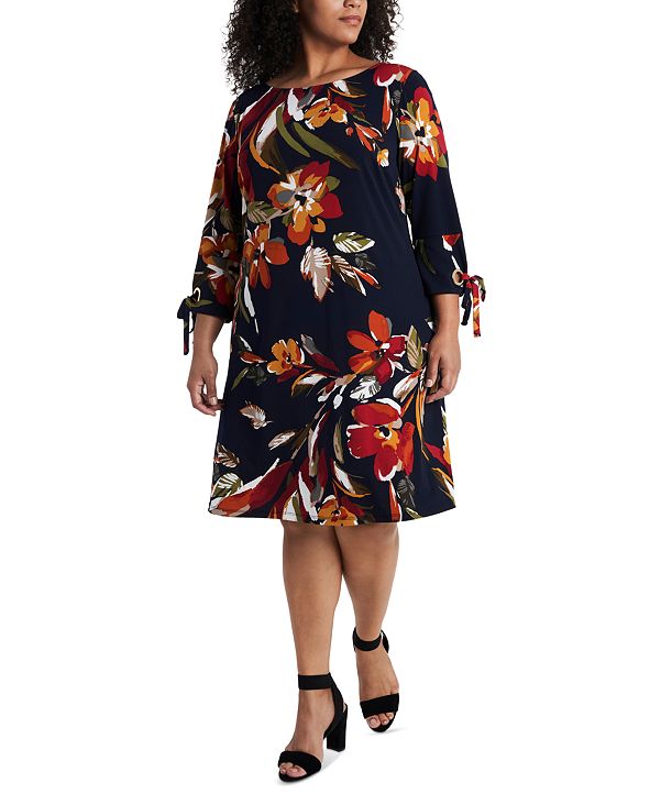 MSK Plus Size Floral-Print Tie-Sleeve Dress & Reviews - Dresses - Plus ...