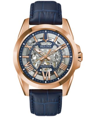 Мужские автоматические классические часы Bulova Sutton Blue на кожаном ремешке 46 мм