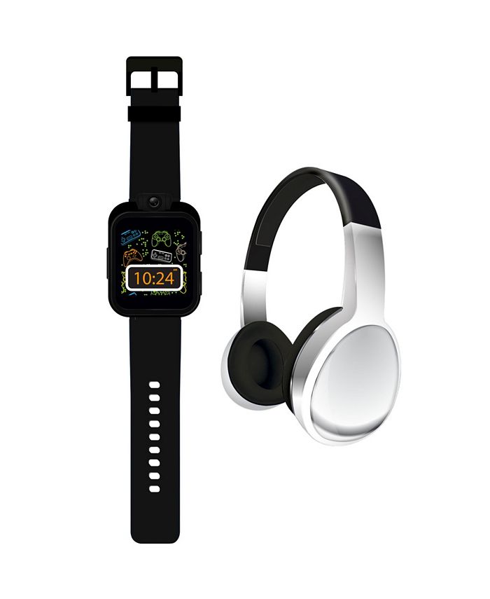 iTouch Kid's Playzoom Black and Silver Tone Tpu Strap Smart Watch with Headphones Set 41mm