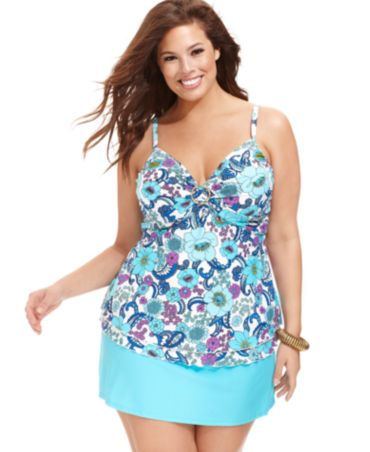 Island Escape Plus Size Floral-Print Underwire Tankini Top & Swim Skirt ...
