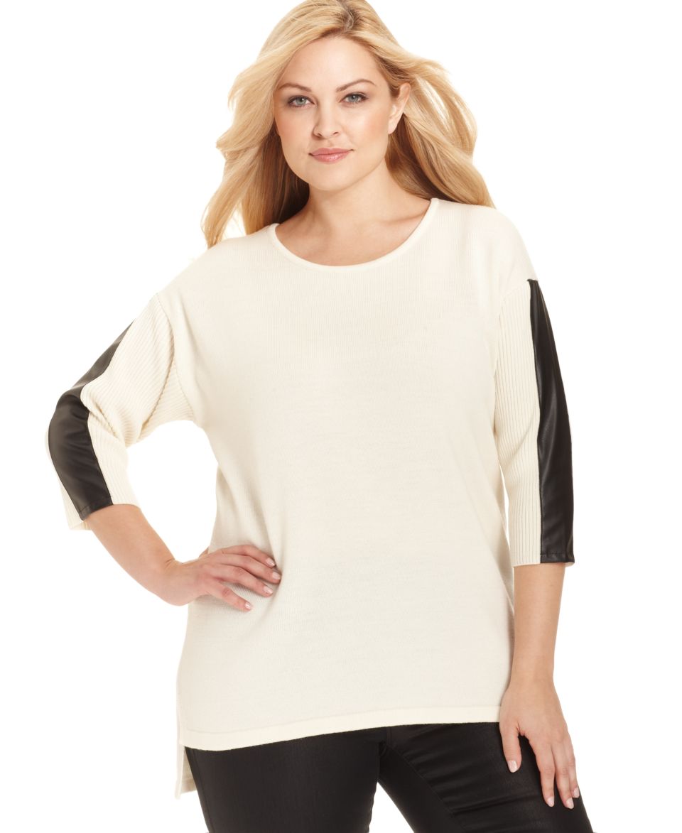 Calvin Klein Plus Size Three Quarter Sleeve Faux Leather Trim Sweater   Sweaters   Plus Sizes