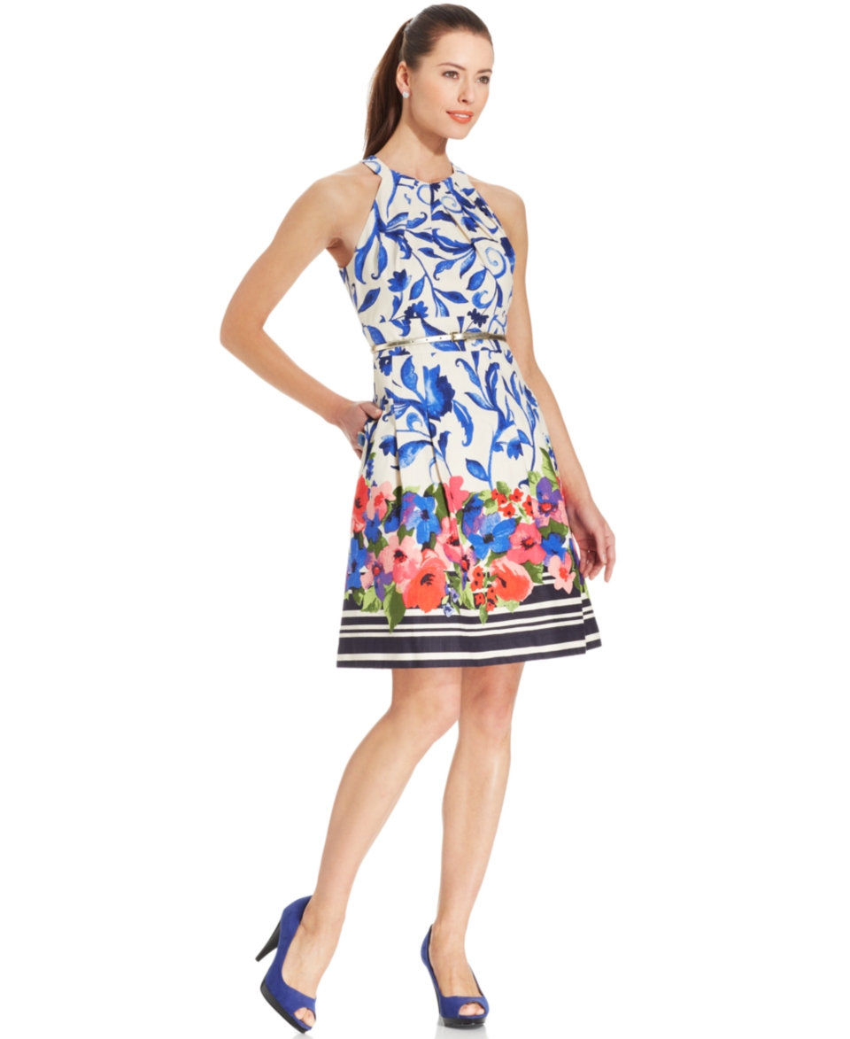 Eliza J Sleeveless Floral Print Belted Dress   Dresses   Women
