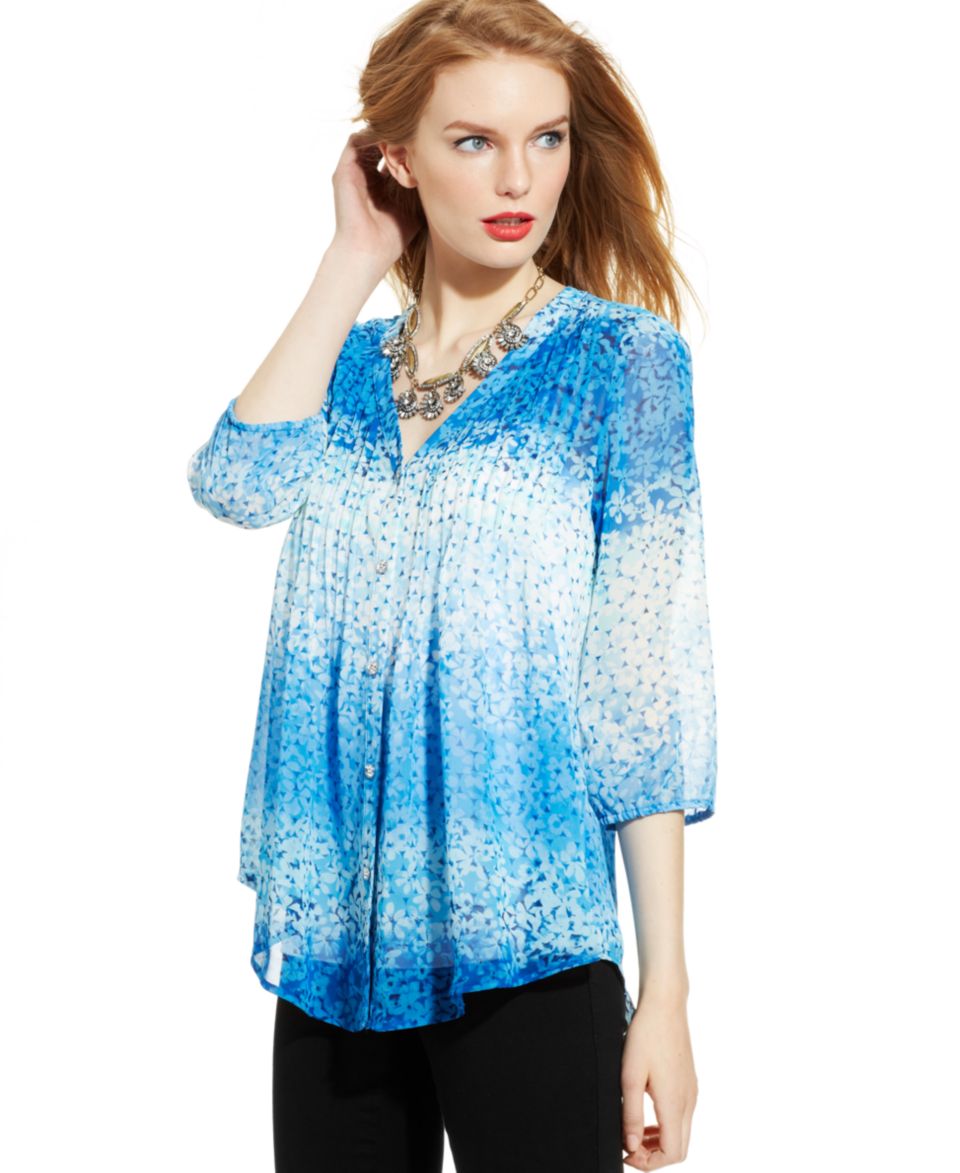 NY Collection Lace Sleeve Button Front Blouse