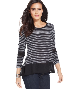 Style&co. Petite Metallic-Stripe Mesh-Inset Sweater