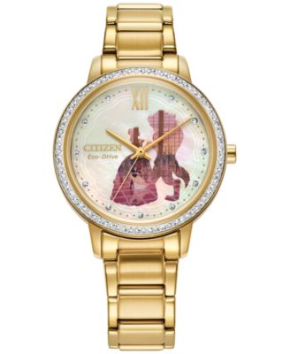 Подарочный набор женских часов Citizen Eco-Drive Disney Belle and Beast с золотистым браслетом из нержавеющей стали диаметром 36 мм