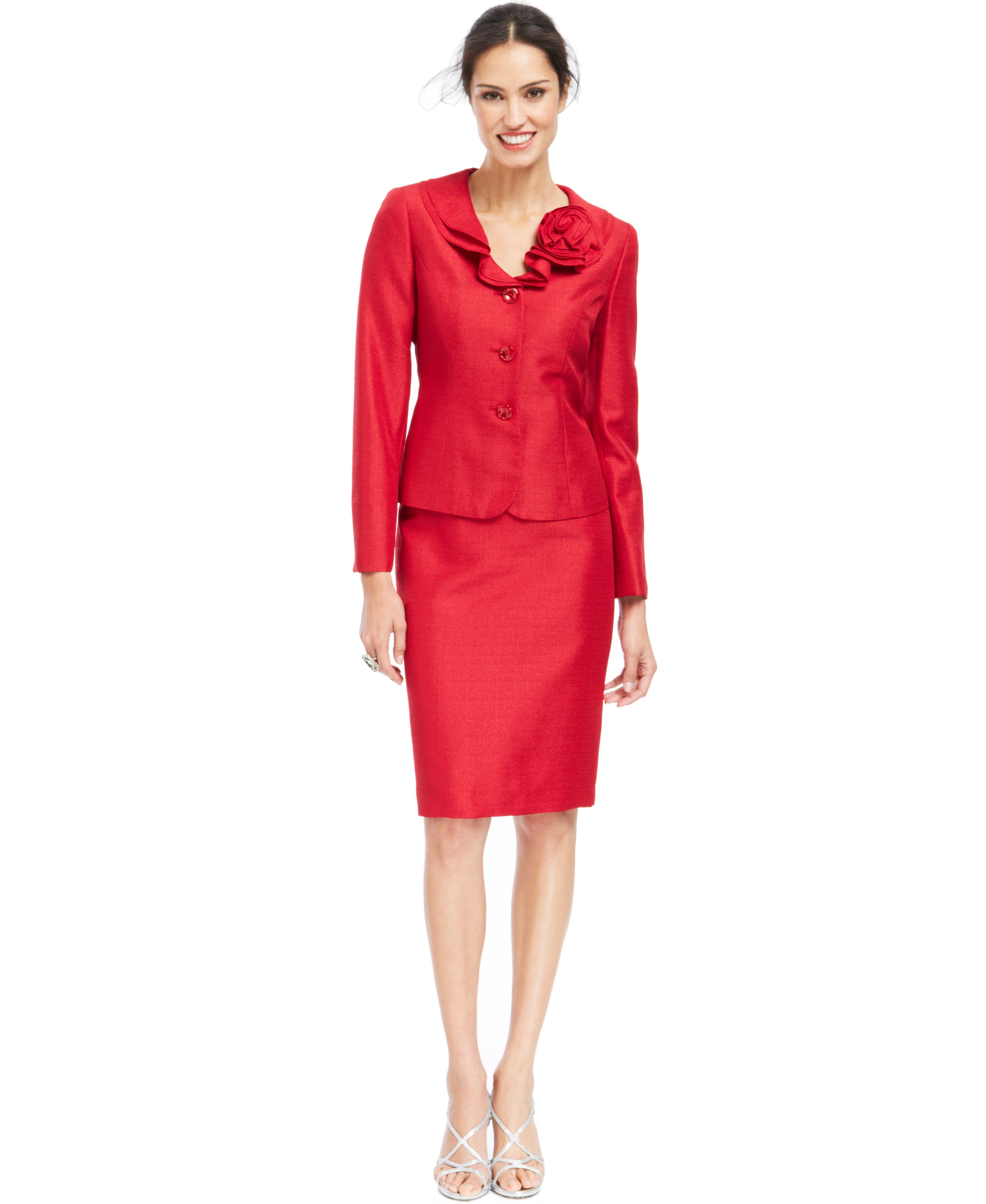 MACYS ---- Le Suit Rosette Ruffle-Collar Shantung Skirt Suit ...