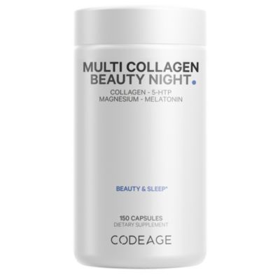 Капсулы Codeage Multi Collagen Night Capsules-Магний, 5-HTP, L-теанин, мелатонин, 5 видов коллагена для волос, кожи, ногтей, суставов, сна, 150 грамм белого цвета.