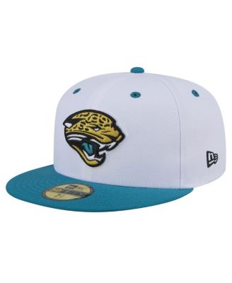 Мужская двухцветная приталенная шляпа New Era с логотипом Jacksonville Jaguars, белая / бирюзовая, с обратной стороны.