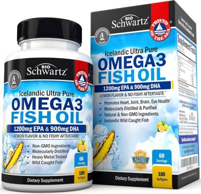 Добавка к рыбьему жиру BioSchwartz Triple Strength Omega 3 - 2250 мг ЭПК И ДГК Омега-3 Жирных кислот Полученных из Дикой Рыбы Для поддержания здоровья Суставов Глаз и Мозга - Со вкусом лимона без отрыжек без глютена 180 капсул Омега-3 15190₽