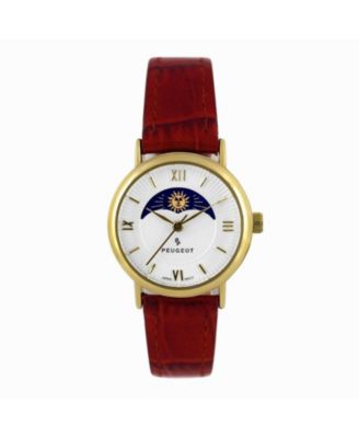 Женские золотые часы Peugeot Sun-Moon Phase диаметром 26 мм с коричневым кожаным ремешком