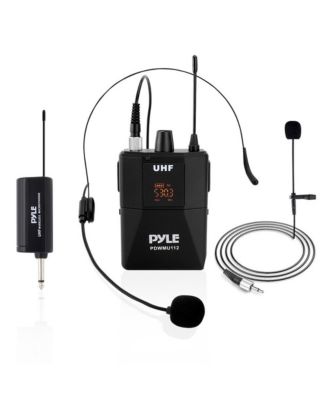 Комплект беспроводной микрофонной системы Pyle UHF, включающий микрофон для гарнитуры, петличный микрофон и передатчик Beltpack черного цвета
