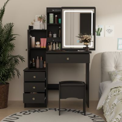 Туалетный столик HOMSEE с 4 выдвижными ящиками – Деревянный столик для макияжа со светодиодным раздвижным зеркалом, табуреткой, шкафчиком и полками