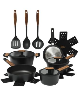 Oster Platinum Oxburg, 14 предметов, Кованый алюминий, Нетоксичная керамическая посуда премиум-класса с антипригарным покрытием и набор кухонных принадлежностей - Черный W. Деревянные ручки