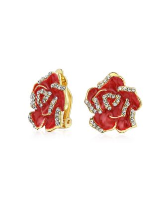 Серьги-клипсы Bling Jewelry с эмалевым цветочным кристаллом по краю, покрытые красным покрытием без пирсинга