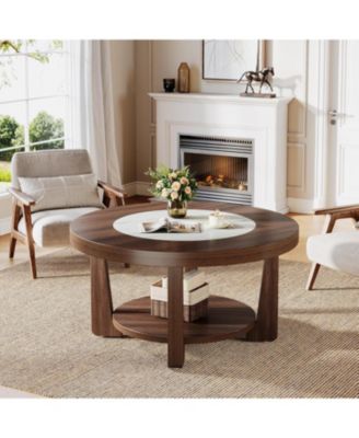 Журнальный столик Tribesigns, Двухъярусный круглый журнальный столик с массивной деревянной столешницей для гостиной