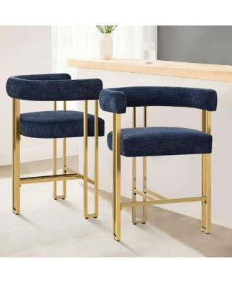 Набор из 2 табуретов высотой до столешницы, 25" Мягких стульев с ножками из золотистого металла, изогнутой спинкой и подлокотниками-Maison Boucle Blue