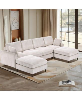 Современный вельветовый секционный диван Streamdale Furniture со скамеечкой для ног (белый, 6-местный)