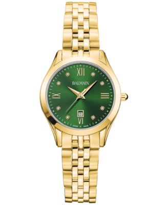 Женские швейцарские классические часы Balmain R Diamond Accent Gold с PVD браслетом из нержавеющей стали 30 мм зеленого цвета