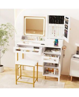 Современный туалетный столик для макияжа с зеркалом, подсветкой и табуретом белого цвета