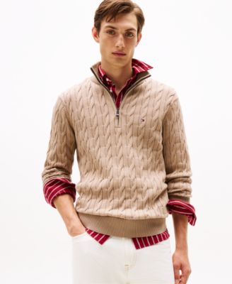 Мужской свитер Tommy Hilfiger из трикотажа кабельтовой вязки с длинными рукавами и застежкой на четверть молнии