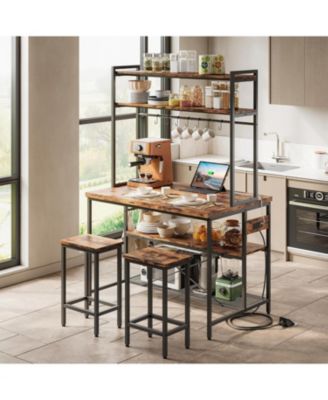 Кухонный остров IRONCK с табуретками, местом для хранения вещей и розеткой, Винтажный коричневый