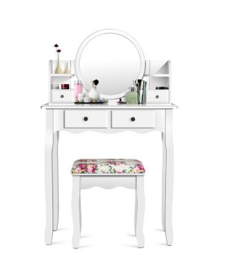 В комплект туалетного столика Volenca 360 с вращающимся зеркалом, водонепроницаемой поверхностью и 4 выдвижными ящиками для хранения входит табурет с цветочным рисунком