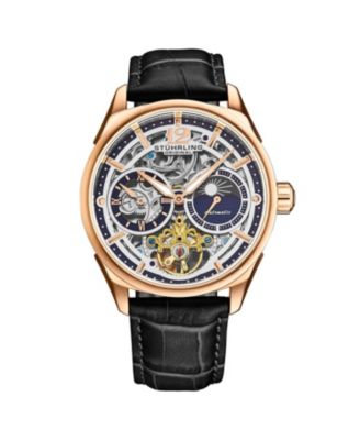 Часы Stuhrling Vanguard 1019.04 Legacy Collection с двойным часовым механизмом и скелетоном из розового золота с черным циферблатом и кожаным ремешком