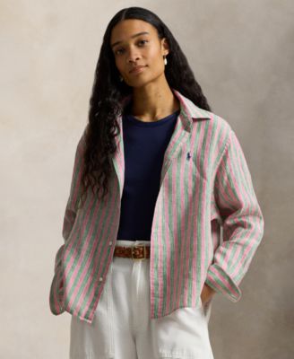 Женская укороченная льняная рубашка Polo Ralph Lauren в полоску красного цвета