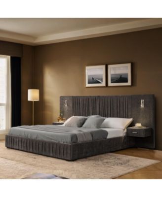 Каркас кровати Streamdale Furniture с обивкой из синели королевского размера и плиссированным рисунком - Темно-серый