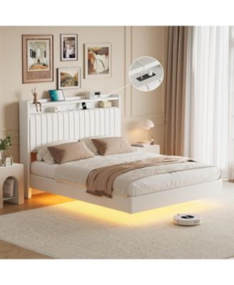 gaomon Queen Size Плавающий каркас кровати RGB LED Подсветка Зарядная станция Изголовье для хранения 50 дюймов Изголовье кровати Обитая платформа Белый белый