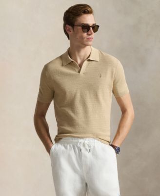 Мужской текстурированный свитер-поло Polo Ralph Lauren с коротким рукавом, коричнево-бежевый